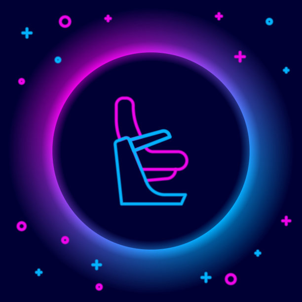 发光的霓虹灯线飞机座位图标孤立的黑色背景。色彩缤纷的轮廓概念。向量图片下载