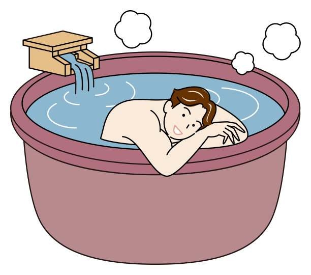 一个可爱的男人正在有天然温泉的露天浴池里惬意地洗澡。简单插图矢量图片下载