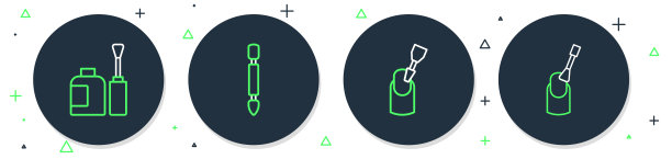 设置线角质层推手，铣刀指甲，瓶子指甲油和指甲图标。向量图片下载