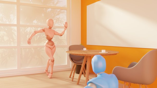 内部有两个人形机器人:一个像女人一样优雅地跳舞，另一个像男人一样坐着。未来机器人与熟悉的家庭环境之间的反差令人惊讶图片下载