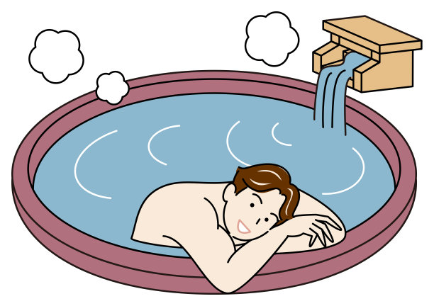 一个可爱的男人正在有天然温泉的露天浴池里惬意地洗澡。简单插图矢量图片下载