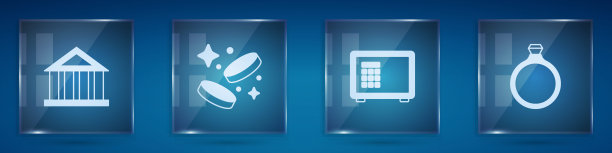 集银行大楼，金币钱，保险箱和戒指。方形玻璃板。向量图片下载