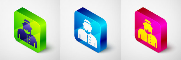 等距穆斯林男子图标孤立在灰色背景。方形按钮。向量图片下载