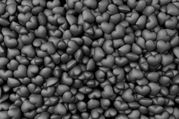 3d堆黑心在顶视图。一个充满绝望、心碎、悲伤、沮丧、勒索、贫穷、死亡或终结的时刻。散心黑白纹理背景。3 d演示。图片下载