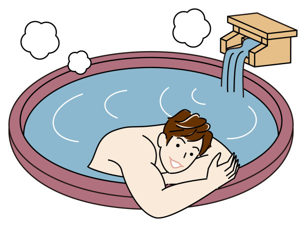 一个可爱的男人正在有天然温泉的露天浴池里惬意地洗澡。简单插图矢量图片下载