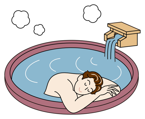 一个可爱的男人正在有天然温泉的露天浴池里惬意地洗澡。简单插图矢量图片下载