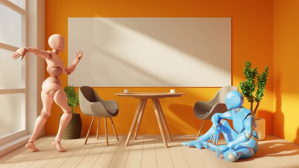 内部有两个人形机器人:一个像女人一样优雅地跳舞，另一个像男人一样坐着。未来机器人与熟悉的家庭环境之间的反差令人惊讶图片下载