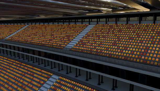 体育场的一组看台和空座位的三维渲染图的侧视图图片下载