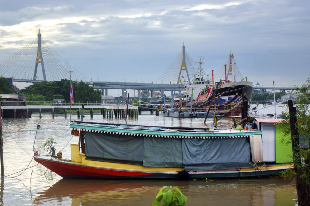 曼谷的河滨景色与船和工业船图片下载