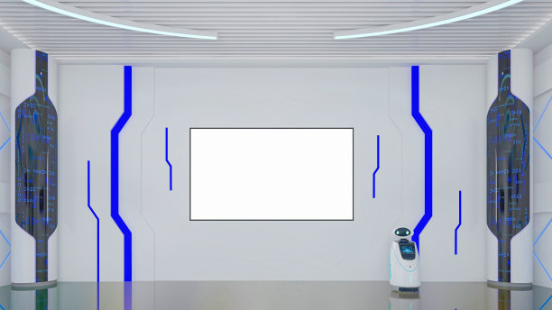 未来的科幻走廊内部与智能机器人和墙上的监视器屏幕，3D渲染图片下载