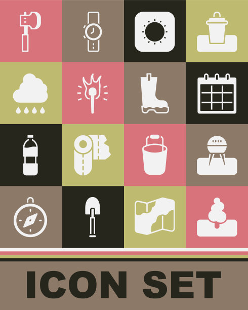 集树，烧烤架，日历，太阳，火炬火焰，云与雨，木斧和防水橡胶靴图标。向量图片下载