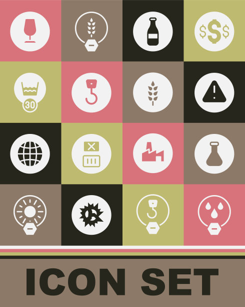 设置禁止水滴，试管和烧瓶，三角形感叹号，瓶子，工业挂钩，温度洗涤，易碎玻璃和小麦图标。向量图片下载