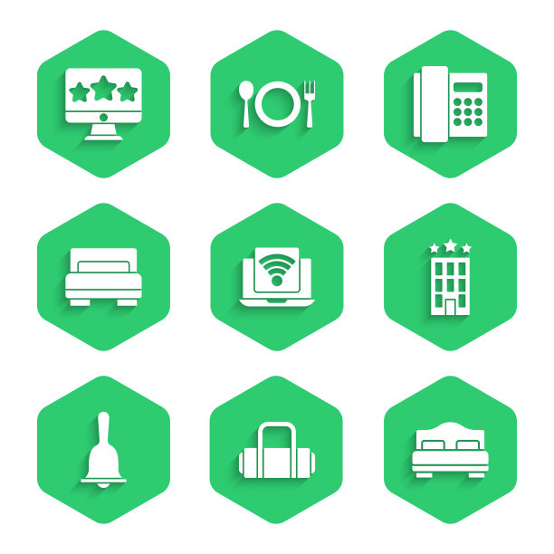设置无线笔记本电脑，行李箱，酒店房间床，大楼，服务铃，电话听筒和五星评级评论图标。向量图片下载