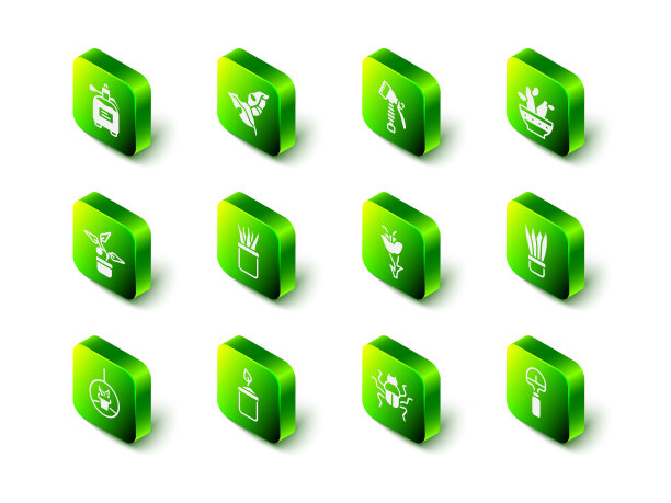 集热带树叶，水喷雾瓶，仙人掌佩奥特奥特在锅，植物，铲子，花，甲虫虫和萌芽图标。向量图片下载