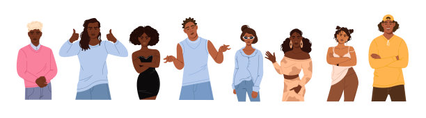 现代，多样，时尚的非洲裔美国男人和女人在不同的姿势向量集合图片下载