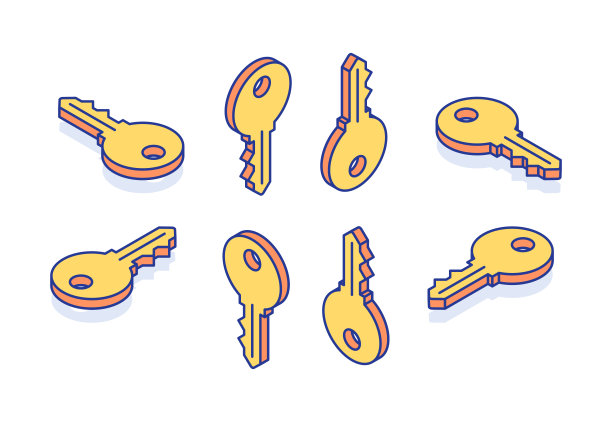 资产图标键。金钥匙在左，上，右视图。等距矢量插图孤立在白色背景。图片下载