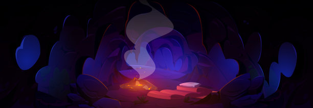 篝火旁的黑暗洞穴和睡袋图片下载