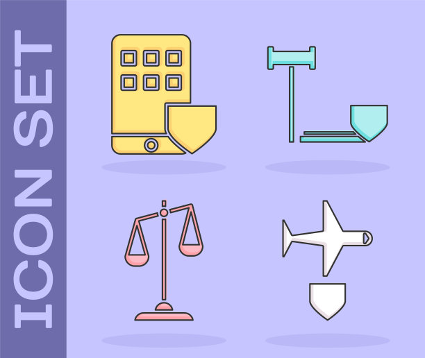 带盾牌的飞机、智能手机保险、正义天平和带盾牌的法官 gavel 图标矢量素材图片下载