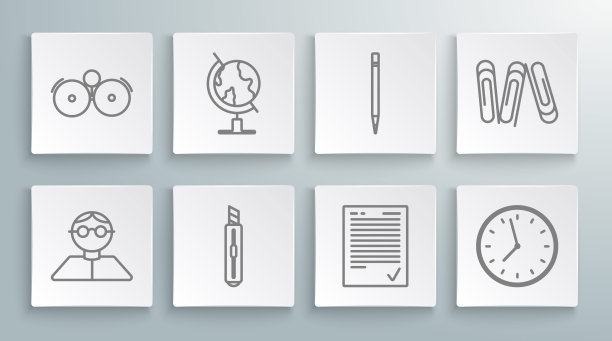 设置线学生，地球，文具刀，考试表与检查标记，时钟，铅笔橡皮擦，回形针和响闹钟图标。向量图片下载
