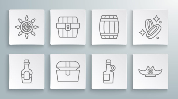 设置线酒精饮料朗姆酒，古董宝箱，海盗帽，木桶，硬币和船舶方向盘图标。向量图片下载