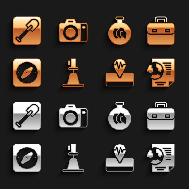 集测速仪，经纬仪，公文包，地球仪与文件，地震，指南针，展览矿物，岩石，铲子和照片相机图标。向量图片下载