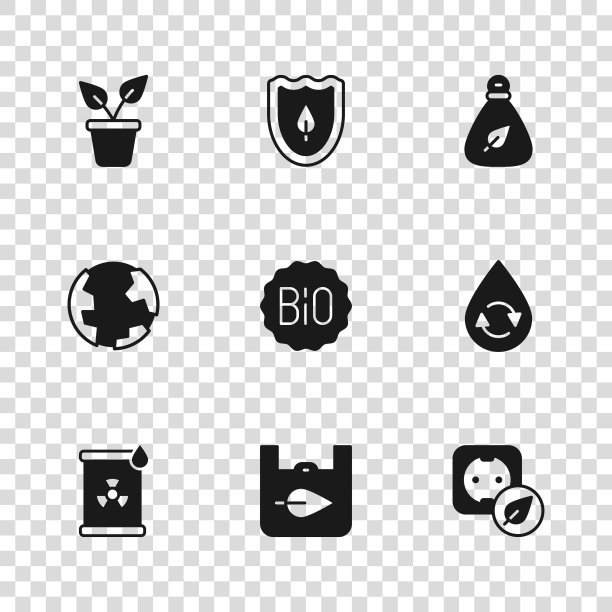 集购物袋与回收，回收清洁水，电源插座，横幅为生物，垃圾，植物花盆，盾叶和地球地球图标。向量图片下载