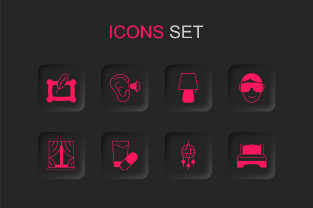 设置安眠药，耳塞和耳朵，枕头，捕梦网与羽毛，眼睛睡眠面罩，大床，台灯和窗帘图标。向量图片下载