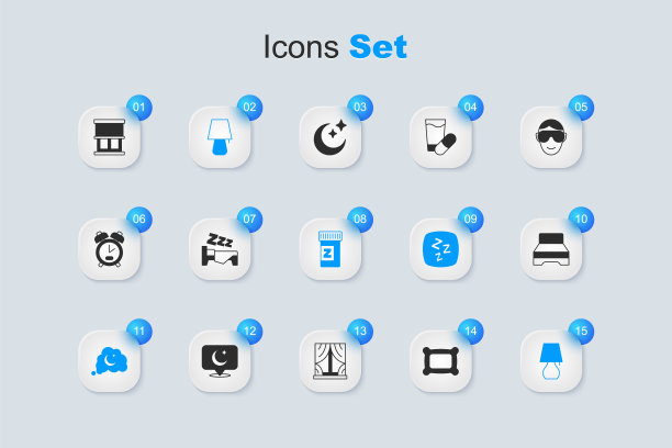 设置枕头，时间睡觉，台灯，梦想，大床，窗户与窗帘和安眠药图标。向量图片下载
