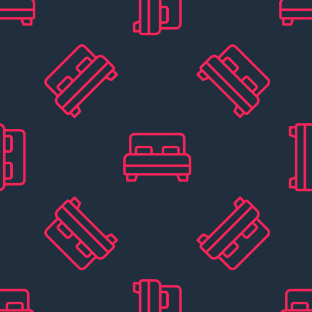 红线大床为两个或一个人的图标隔离无缝图案黑色背景。向量图片下载