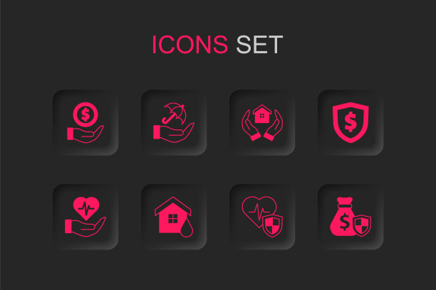 设定房屋洪水，手中的雨伞，带盾的钱，人寿保险，盾美元，包，和图标。向量图片下载