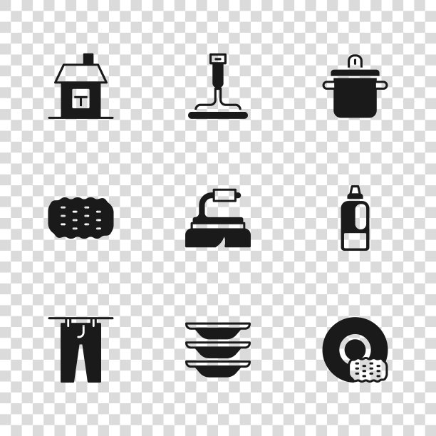 集洗碗，瓶子洗涤剂，刷清洁，烹饪锅，房子，橡胶清洁剂窗口和海绵图标。向量图片下载