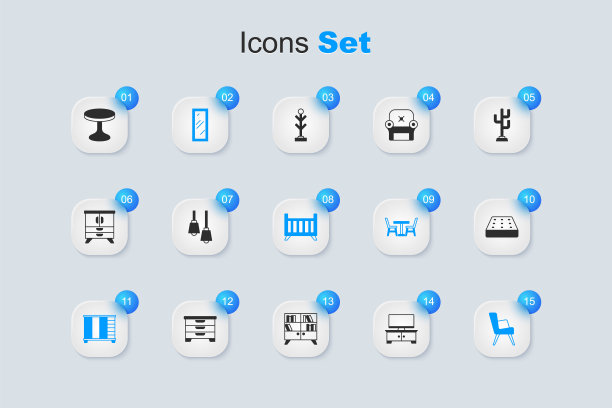 集电视桌架，挂灯，大的全身镜子，衣柜，扶手椅，床垫，圆形和婴儿床摇篮床图标。向量图片下载