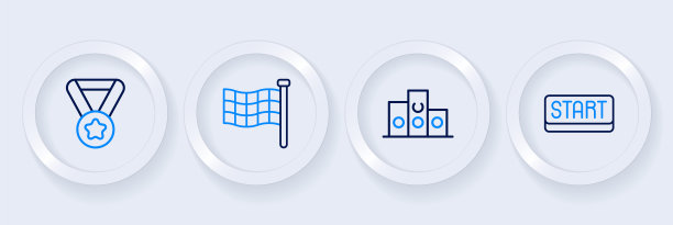 终点线缎带，奖台上的奖牌，方格旗和奖牌图标。向量图片下载