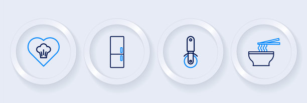 设定线亚洲面条碗，比萨刀，冰箱和厨师帽图标。向量图片下载