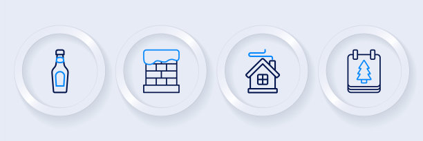 设置线圣诞节日历，快乐的房子，烟囱和香槟瓶图标。向量图片下载