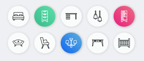 集线吊灯，图书馆书架，沙发，办公桌，挂灯，婴儿床，摇篮床和扶手椅图标。向量图片下载
