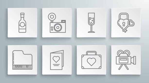 集线钢琴，照相机，情人节派对传单与心，行李箱旅行，电影院，香槟杯，城堡的形状键和香槟瓶图标。向量图片下载