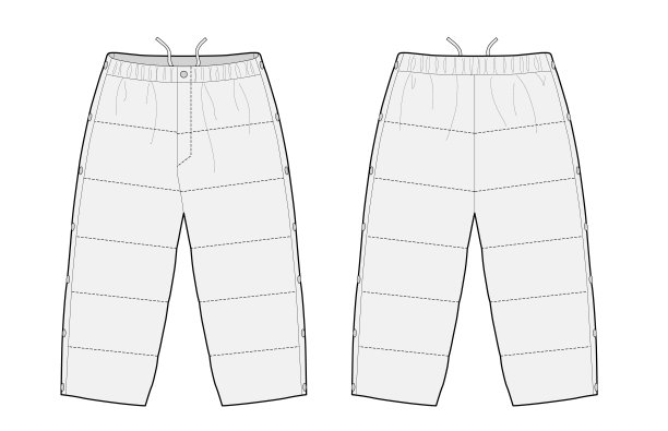 绝缘滑雪裤技术时尚插图与快速关闭和缝绗缝平面草图的正面和背面的看法图片下载