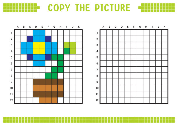 复制图片，完成网格图像。用正方形绘制的教育工作表，着色单元格区域。幼儿学前活动。卡通矢量，像素艺术。花卉和花盆插图。图片下载