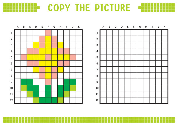 复制图片，完成网格图像。用正方形绘制的教育工作表，着色单元格区域。幼儿学前活动。卡通矢量，像素艺术。花卉植物插图。图片下载