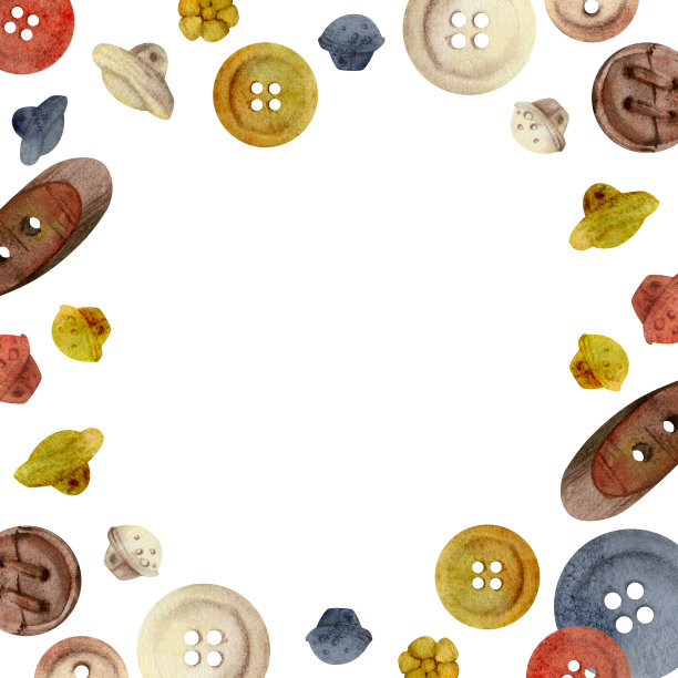 手绘水彩插画缝纫工艺用品。木制塑料钮扣，用于衣服、装饰。框架孤立在白色背景上。设计工作室，裁缝，爱好店，时尚精品店图片下载