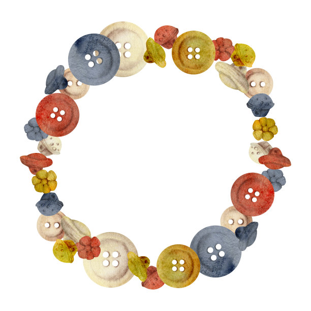 手绘水彩插画缝纫工艺用品。木制塑料钮扣，用于衣服、装饰。框架花环孤立的白色背景。设计工作室，裁缝，爱好店，时尚精品店图片下载