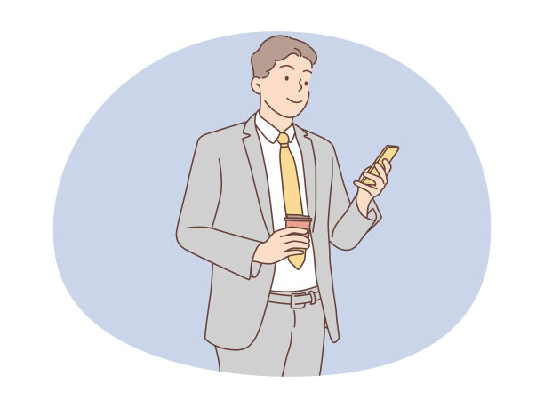 商人持有智能手机和咖啡矢量插图图片下载