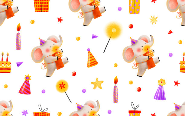 无缝图案的大象为孩子们的假期。小象拿着一个蛋糕。卡通节日生日背景与蛋糕和礼物。孩子们手绘的生日背景图片下载