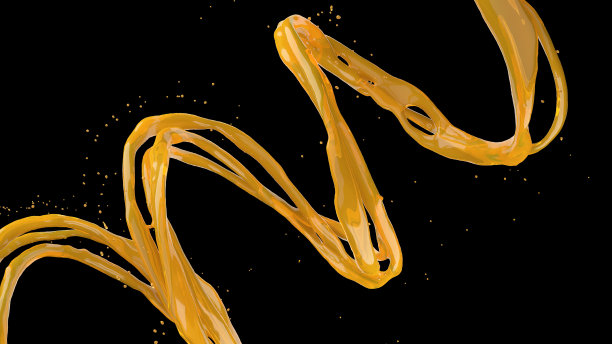 特写橙汁液态水跟随部分流动飞溅隔离在黑色背景。3 d渲染。图片下载