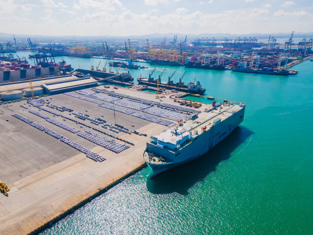 这张照片提供了一个令人惊叹的鸟瞰图，展示了一个繁忙的货船港口，大型船只在这里停靠并卸下珍贵的货物。图片下载