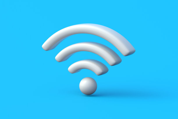 蓝色背景的Wi - Fi符号。无线网络图标。无线技术。免费上网区。三维渲染图片下载