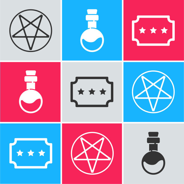 设置五角星在一个圆圈，瓶子与爱情药水和票的图标。向量图片下载