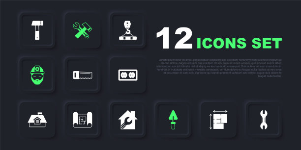 设置房屋计划，扳手扳手，手锯，镘刀，建设者，锤子扳手和图标。向量图片下载