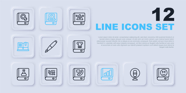 设置线麦克风，书，钢笔笔尖，金融书，打开，与数学，用户手册和电话图标。向量图片下载